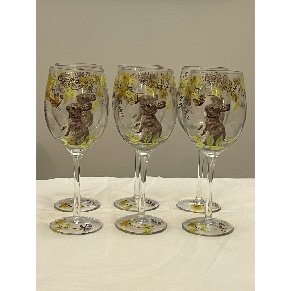 Pier 1 Sophie Bunny Set of 6 Wine‎ Goblets Hand Painted Rabbit Floral Glasses